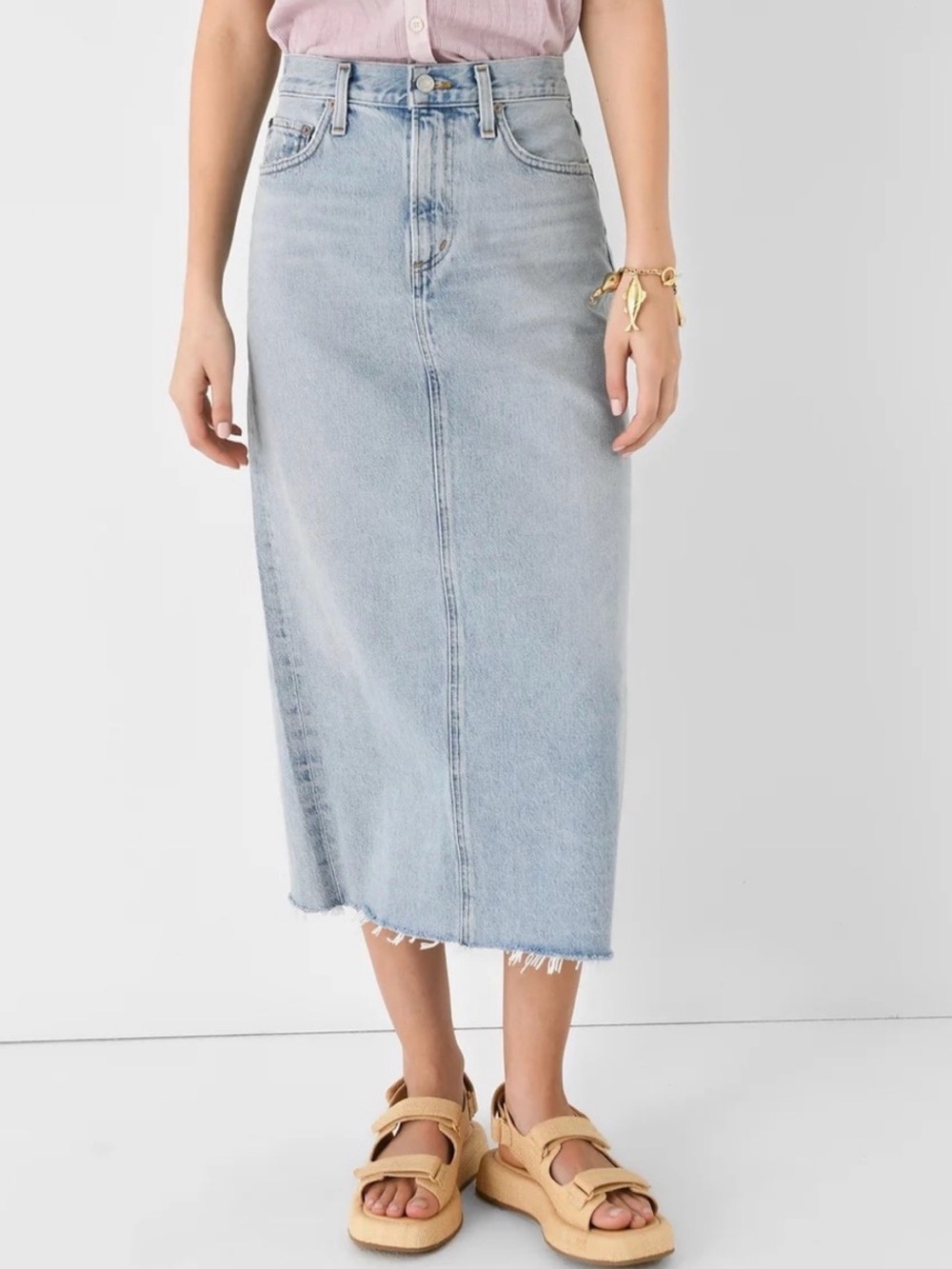 Agolde Light Blue High-Rise Denim Della Straight Midi Skirt